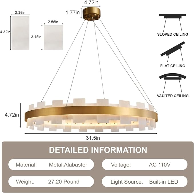Modern Alabaster Linear Chandelier 31.5 Inch, Round Adjustable Large Ceiling Light for Living Room Over Table, Dining Room, with Warm White Glow