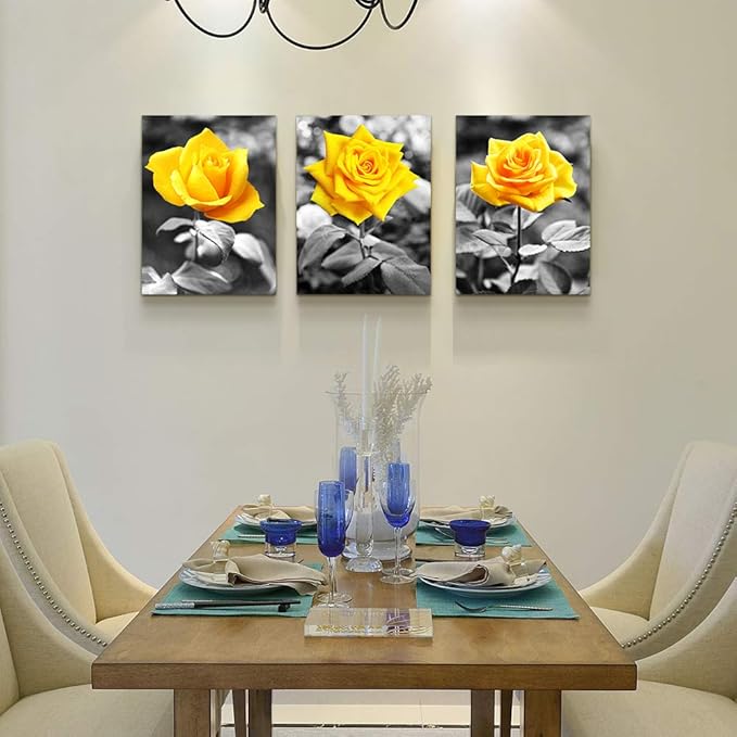 Canvas Wall Art For Bedroom Living Room Bathroom Wall Decor For Kitchen Family Pictures Artwork Black And White Yellow Rose Flowers Paintings 16" X 24" 3 Pieces Framed Modern Office Home Decorations