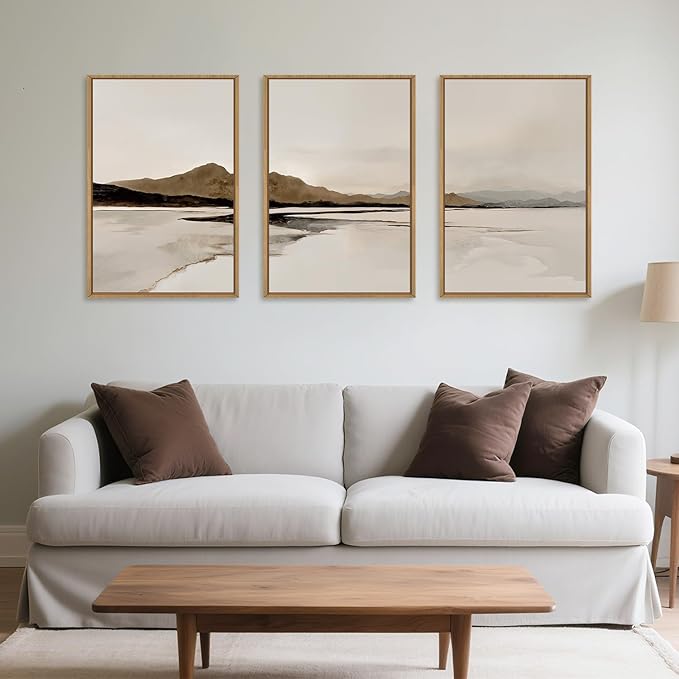 Ausril Beige and Brown Foggy Framed Canvas Wall Art Set, Modern Misty Landscape Wall Decor, Abstract Mountain Lake Wall Painting, Minimalist Nature Art Prints for Living Room, Bedroom - 24"X36"X3