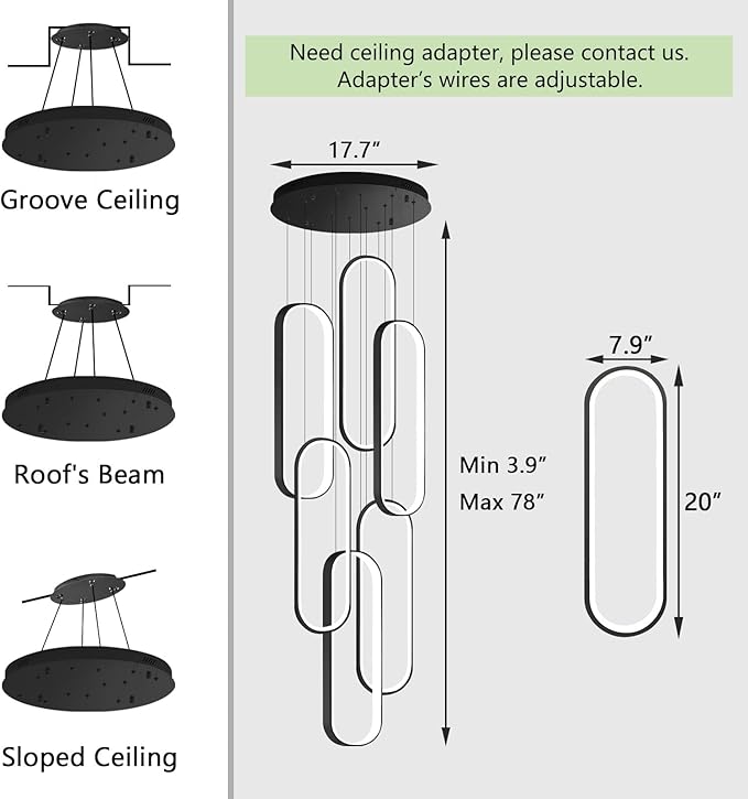 6 Rings Modern Chandelier LED Dimmable Flush Mount Ceiling Light for Foyer Living Room Staircaes Black