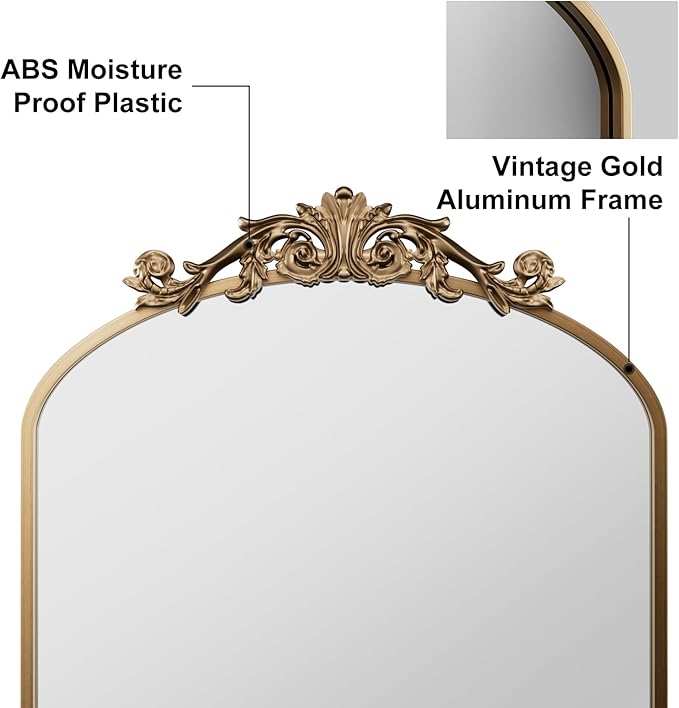 Antique Arched Wall Mirror, 22"x30" Vintage Gold Bathroom Mirror - Baroque Metal Frame Brass Mirror for Living Room, Bathroom, Fireplace, Entryway, Bronze