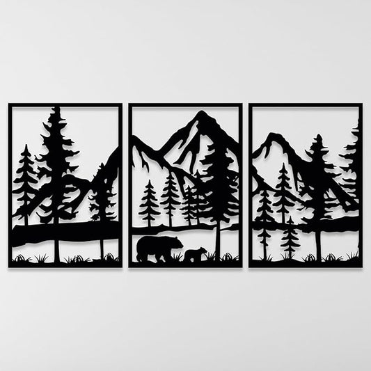 Mountain and Bear Metal Wall Art Set of 3, Forest Wall Decor, Mountain Forest Landscapes Ready to Hang Wall Decorations, Wilderness Scenery Art, Modern Art for Farmhouse, Living Room, Bedroom