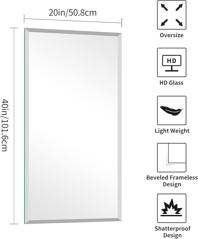 KOCUUY Beveled Mirror, 20x40 Inch Frameless Bathroom Mirror for Over Sink, Upgraded Shatterproof Beveled Unframed Design Mirror for Bathroom, Bedroom, Hang Horizontal/Vertical