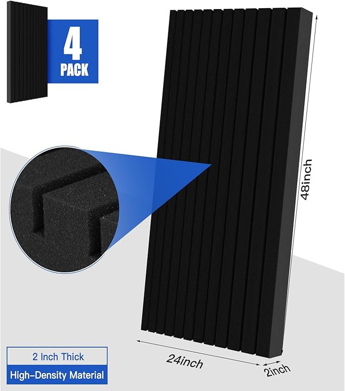 4-Pack Acoustic Foam Panels, 48" x 24" x 2" High-Density Soundproof Foam Wall Panels for Wall, Ceiling, Noise Dampening Panels for Office, Studio and Home (Black 4 Pack, 48X24X2 Inch)