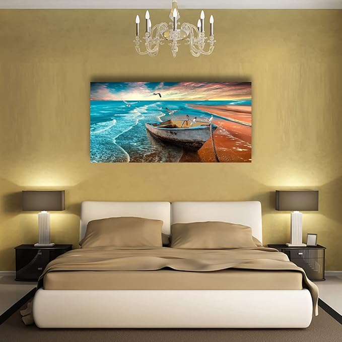 Beach Sunset Pictures Canvas Wall Art For Living Room Bedroom Wall Decor,Seascape Wall Art Print Paitnings For Home Decor,Morden Artwork Boat Canvas Art Waterproof Ready To Hang-20X40Inches