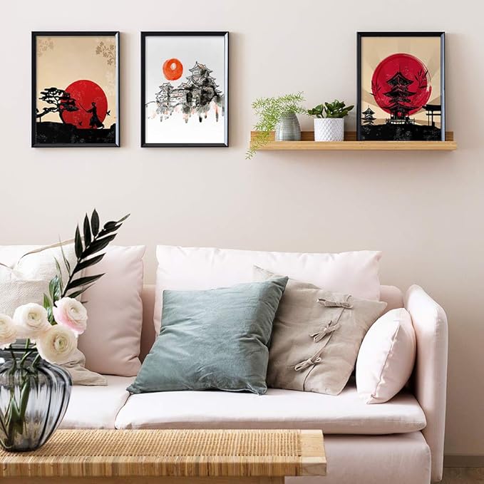 YUMKNOW Japanese Art Wall Decor - Unframed 8x10 Set of 4, Modern Minimalist Asian Oriental Decor for Living Room, Samurai Armor Warriors Prints Posters for Bedroom, Japan Red White Art Office Gifts