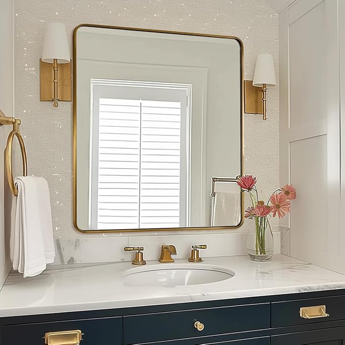 ANDY STAR 40x36 Inch Gold Bathroom Mirror, Brushed Gold Mirrors for Wall in Anti-Rust SUS304 Tube Metal Frame, Rounded Rectangle Mirrors 1’’ Deep Wall Mounted Vertically/Horizontal for Bathroom