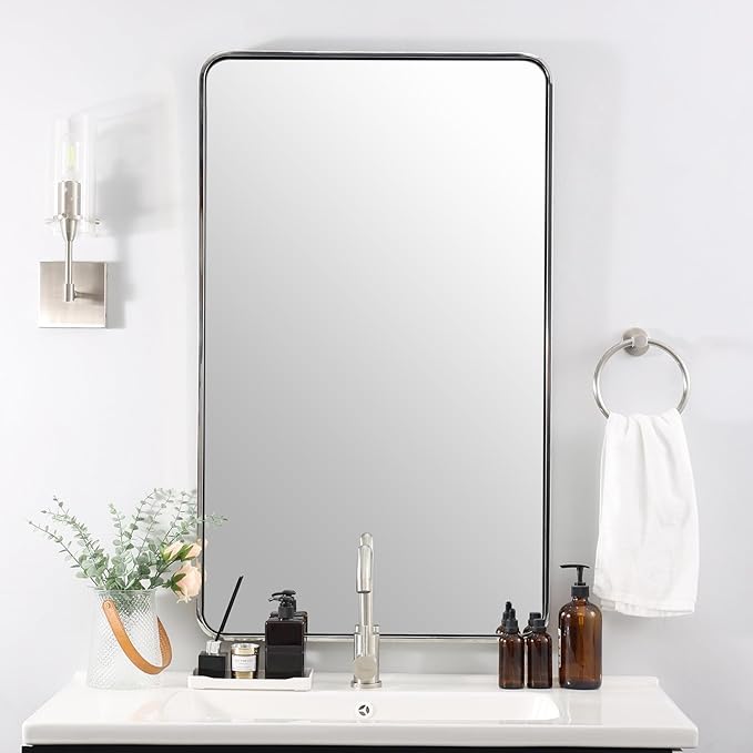 ANDY STAR Chrome Mirrors for Bathroom, 24x40’’ Chrome Rounded Rectangle Mirror Stainless Steel Metal Tube Framed (Anti-Rust), Wall-Mounted Horizontal/Vertical