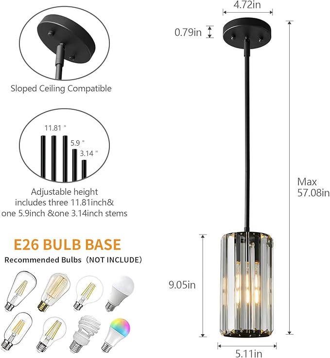 Black Pendant Lighting Modern Pendant Light Mini Crystal Chandeliers Adjustable Pendant Light Fixture for Kitchen Island Dinning Room Corridor Bedroom(Black 1-Light)