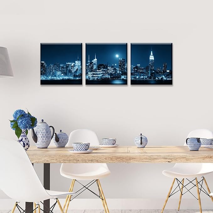 NAN Wind 3-Piece Modern Manhattan Night Skyline Canvas Art Blue Moon Urban Cityscape Wall Decor Contemporary NYC-Inspired Night View Panoramic Prints Framed City Canvas Set for Home Office Living Room