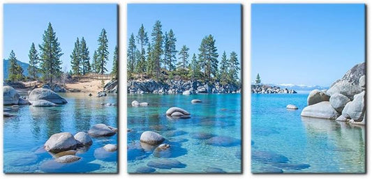 Pacimo Canvas Print Wall Art Set Vibrant Forest & Rocky Lake Landscape Nature Wilderness Photography Realism Rustic Scenic Modern Artwork Decor Stretch Framed Ready to Hang - 16 x 24 inch x 3