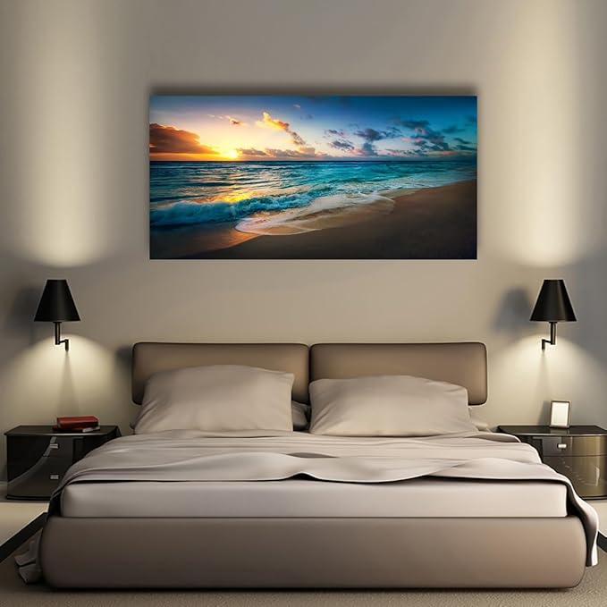 Beach Pictures Wall Art Canvas Prints Seascape Themed Decor for Home Sea Ocean Sunset Paintings for Living Room Bathroom Wall Decorations Natural Landscape Artwork Wooden Picture Frames 24x48 inches