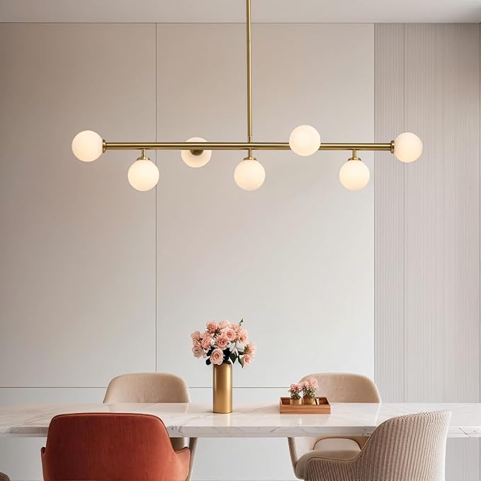 Mid Century Chandelier, Gold Brass Sputnik Pendant Light with White Glass Lampshade,7 Lights Globe Rectangle Linear Chandeliers for Dining Room Kitchen L43.3INxW11.8IN