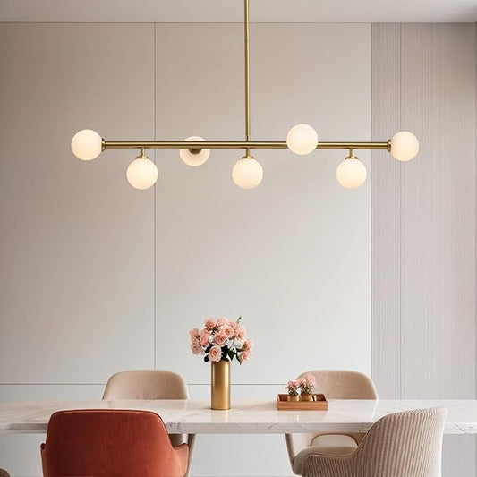 Mid Century Chandelier, Gold Brass Sputnik Pendant Light with White Glass Lampshade,7 Lights Globe Rectangle Linear Chandeliers for Dining Room Kitchen L43.3INxW11.8IN