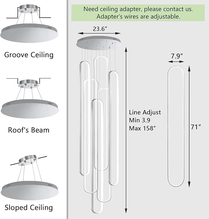 6 Rings Modern Large Chandelier for Staircase High Ceiling Chandelier LED Dimmable Black Chandeliers for Foyer Living Room Villa Sliver