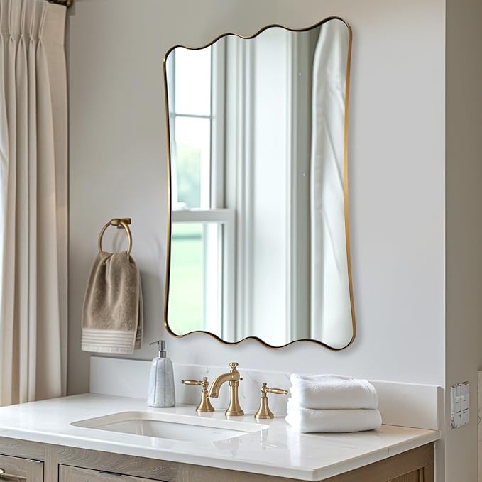 ANDY STAR 24x36 Gold Bathroom Mirror, Brushed Brass Wavy Rectangle Mirror with Curved Design, Irregular Scalloped Wall Mirror for Vanity, Stainless Steel Frame, Anti-Rust, Home Décor
