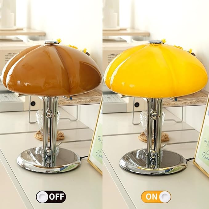 Mushroom Table Lamp with Caramel Lampshade,Art Deco Glass Desk Light with Chrome Base,Dimmable Small Nightstand Lamp,Mid Century Table Light for Living Room Bedroom