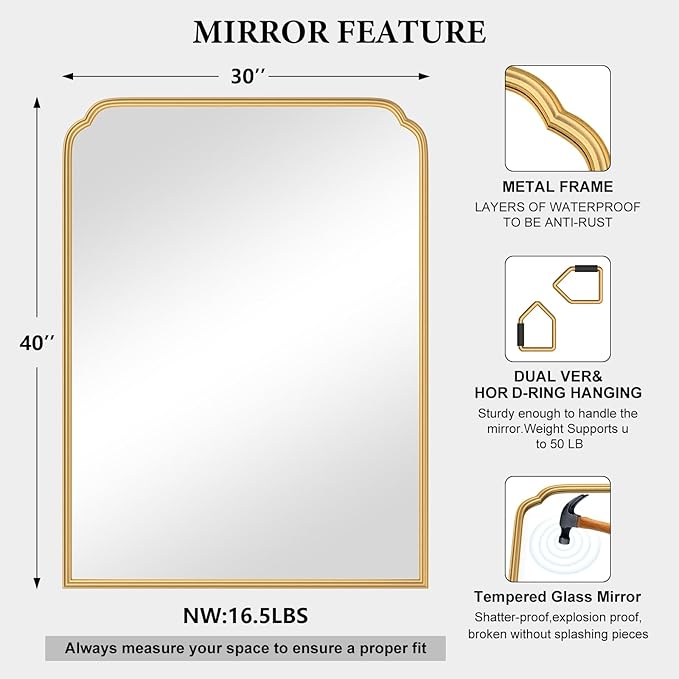 30X40 Inch Gold Bathroom Mirror for Vanity, Modern Rounded Corner Large Wall Mirror for Over Sink with Non-Rusting Iron Metal Framed (Tempered Glass)