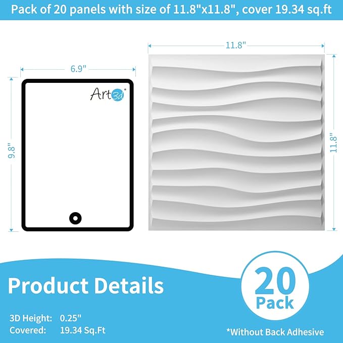Art3d 20 Pack Decorative 3D Wall Panels, 19 Sq.Feet PVC Interior Wall Décor, 11.8"x11.8", White