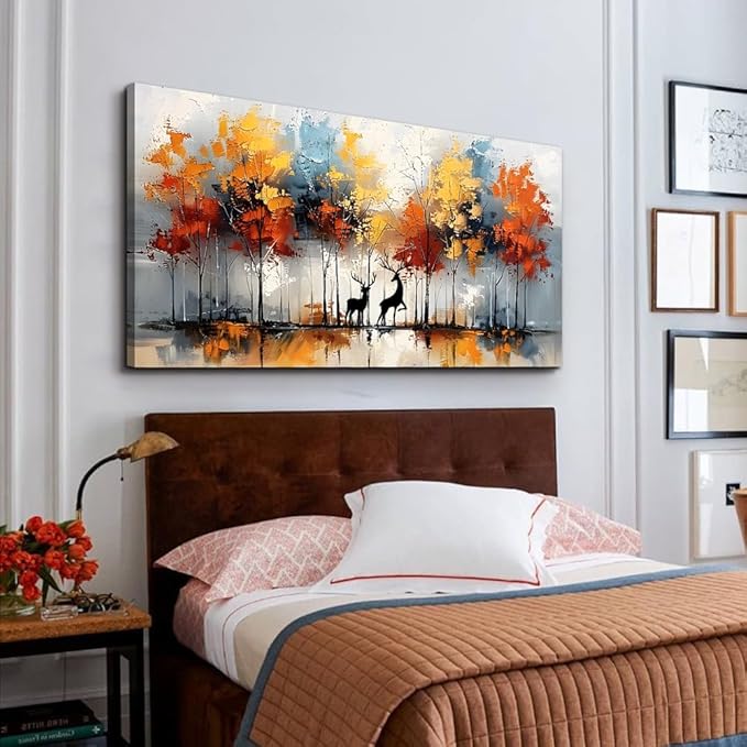 Lapremoly Large Wall Art For Living Room Framed Wall Decor For Bedroom Modern Office Decorations Textured Abstract Wall Pictures Elk Forest Landscape Paintings Canvas Art Prints Home Decor Artwork