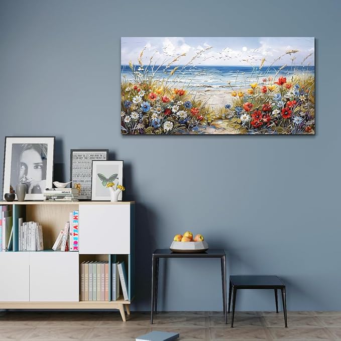 MHARTK66 Large Canvas Wall Art Flowers Farmhouse Bedroom Wall Painting Wall Decor For Living Room Office Blue Watercolor Print Nature Artwork For Walls Ocean Poster Modern Home Decorations 24x48
