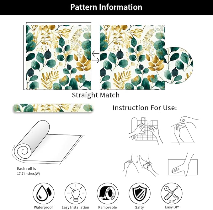 Modern Watercolor Green Golden White Plants Leaf Botanical Peel and Stick Wallpaper Wall Decor Self Adhesive Wall Paper Stick on Easy Peel Off Contact for Renter Apartment