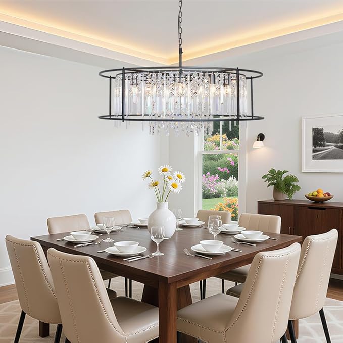 Modern Black Crystal Chandelier, Round Industrial Farmhouse Pendant Light Fixture for Dining Room, Kitchen Island, Living Room, Bedroom, Entryway Lighting