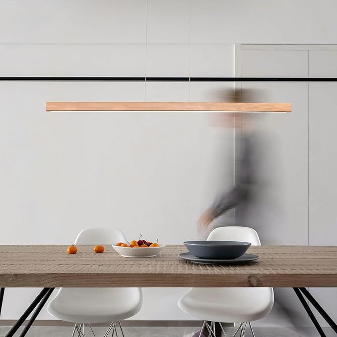 39" Wood Linear Pendant Light Fixture Modern LED Pendant Lights Led Dimmable Chandelier with Remote Control Ceiling Hanging Lights Pool Table Lights for Dining Room Kitchen Island Lights Natural