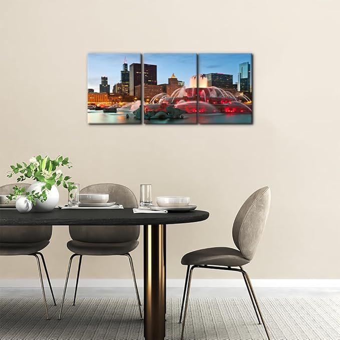 Pacimo Canvas Wall Art for Bedroom - Buckingham Fountain Painting Prints Chicago Cityscape Wall Decor Skyline Modern Artwork Home Decor Stretched and Framed Ready to Hang - 12"x16"x3 Panels