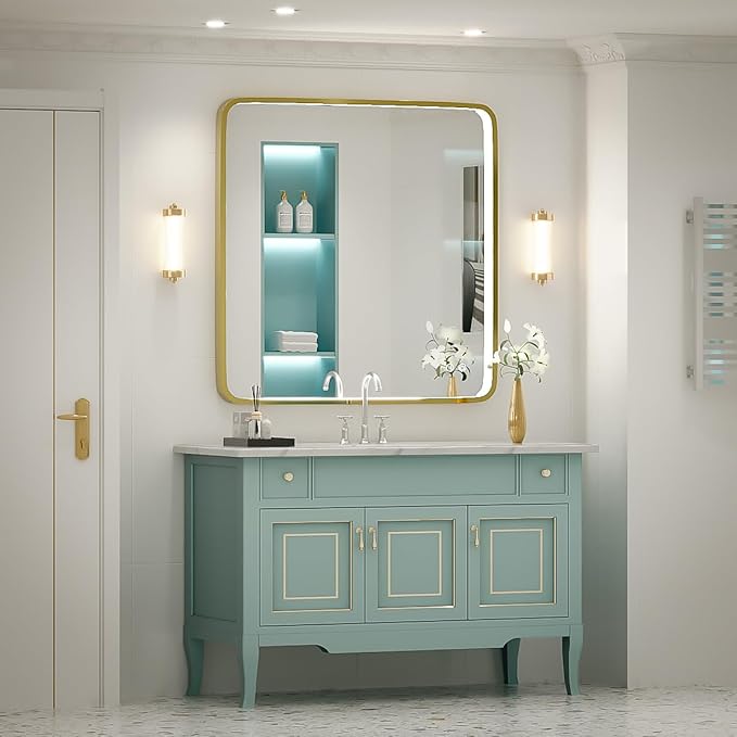 36X36 Inch LED Bathroom Mirrors,Gold Framed Dimmable Lighted Mirror for Wall, Bathroom Vanity Mirror with Lights, Anti Fog Design&6000K&Touch Switch