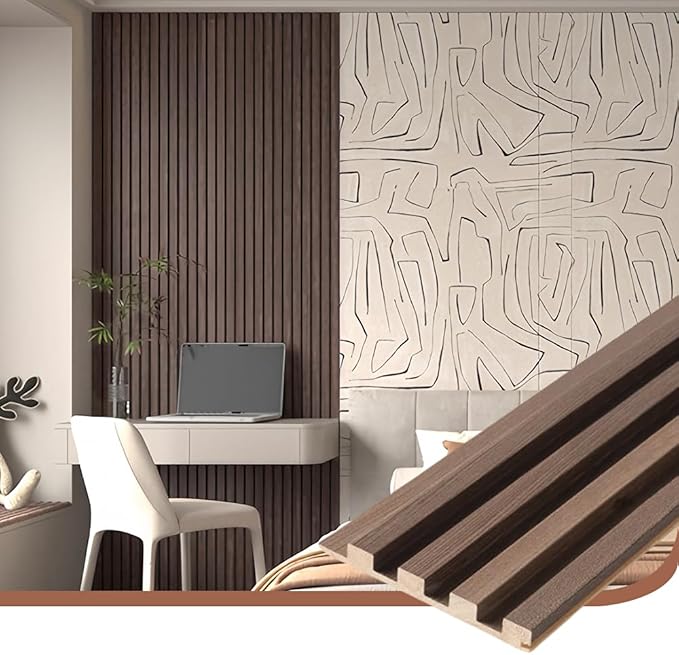 4PCS Acoustic Wood Slat Wall Panels for Wall Decor and Ceiling 3D Fluted Sound Absorbing Panel Soundproof with Wood Finish 108"×6" (Cherry Dark)