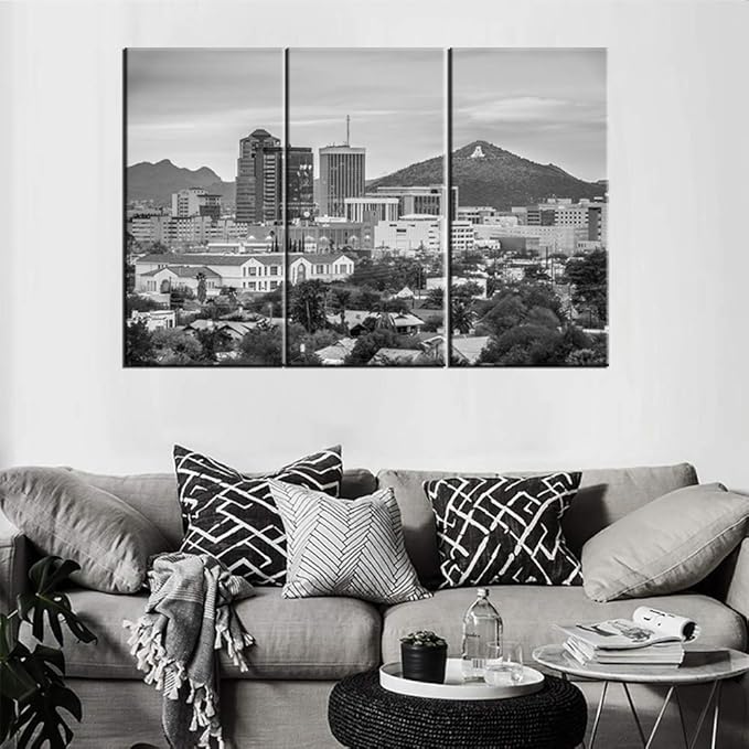 3 Pieces Canvas Wall Art Black and White Tucson, Arizona, USA Downtown Skyline with Sentinel Peak at Dusk Modern Home Decor Stretched and Framed Ready to Hang - 14 x 28 inch x 3 Panels