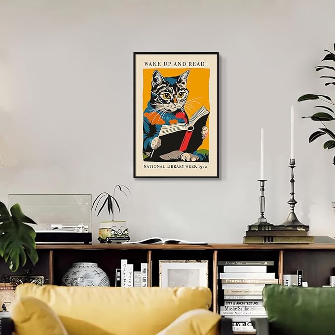 Cat and Book Poster, Wake Up and Read Inspiring Wall Art Canvas, Retro 1960 National Library Week Wall Art, Reading Art for Book Lover, Classic Gallery Wall Decor 16x24in Framed