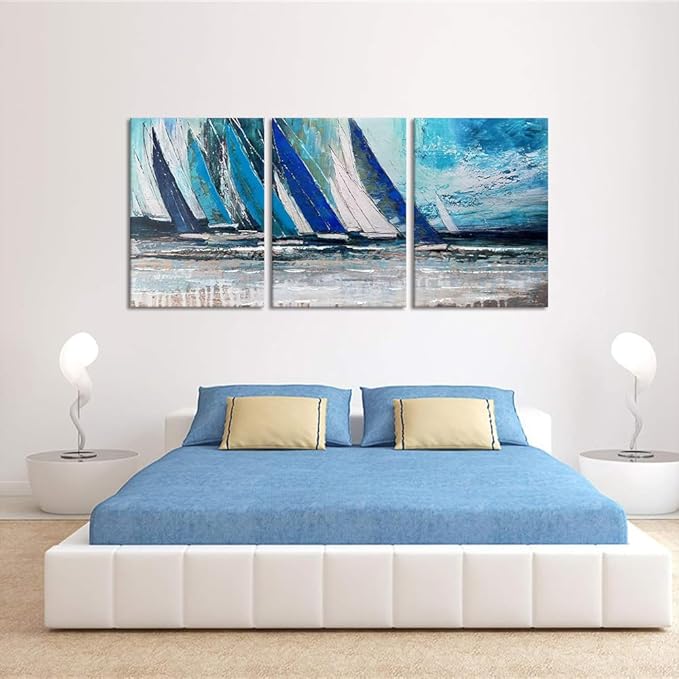 MAMAGO Abstract Wall Art - 3 Pieces Landscape Poster Painting Beautiful Ocean Sailboat Picture Vintage Artwork for Living Room Decor Framed Easy to Hang - 20" W x 28" Hx3pcs
