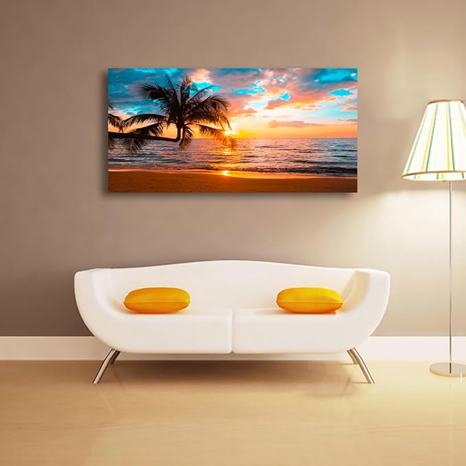 Beach Sunset Pictures Canvas Wall Art For Living Room Bedroom Wall Decor,Sunset Wall Art Print Paitnings For Home Decor,Morden Artwork Palm Cloud Canvas Art Waterproof Ready To Hang-24x48 Inches