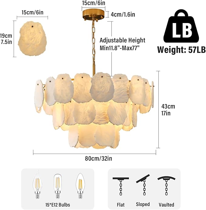 Alabaster Chandelier, D32in Modern Marble Dining Room Chandeliers, 3-Tiers Natural Brass Round Chandelier Over Table for Living Room, Dining Room, Bedroom, Bathroom, Foye, Entryway, Kitchen