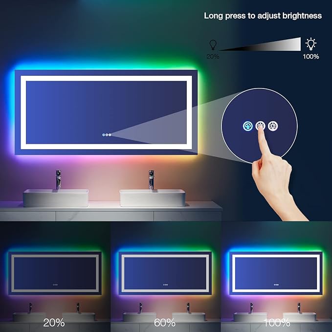 LOAAO 60”X30“ RGB LED Bathroom Mirror with Lights for Bathroom, Anti-Fog, Dimmable，Multiple Light Modes, RGB Backlit + Front Light, Memory Function, Tempered Glass