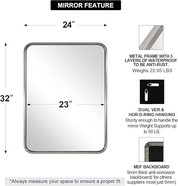 ANDY STAR 24x32 INCH Brushed Nickel Mirror, Rounded Rectangle Silver Metal Framed Mirrors for Bathroom Anti-Rust SUS304, Tube Metal Frame, 1’’ Deep Wall Mounted Vertically/Horizontal