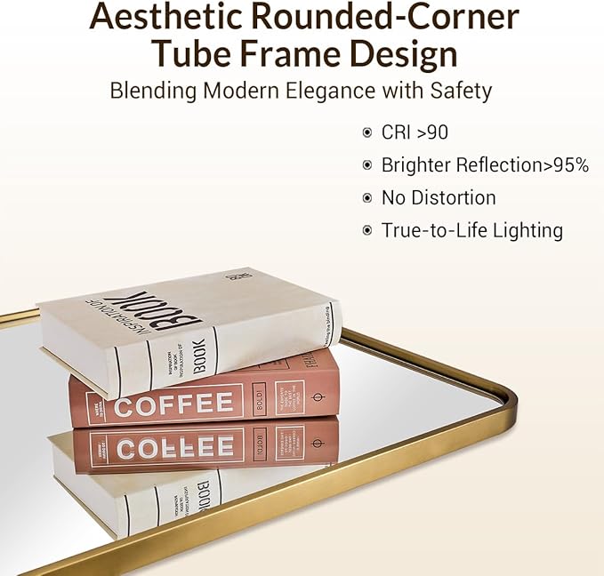 ANDY STAR Brass Mirror Bathroom, 22x30’’ Rounded Rectangle Mirror, Brushed Gold Bathroom Vanity Mirror Non-Rusting SUS304 Metal Tube Frame 1’’ Deep Wall-Mounted Mirrors Vertical/Horizontal