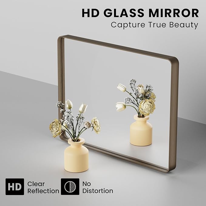 Bronze Bathroom Mirror 36x36 Inch, Brushed Bronze Metal Frame Mirror for Wall, Rounded Rectangle Bathroom Vanity Mirror with Tempered Glass, Anti-Rust, Horizontal/Vertical