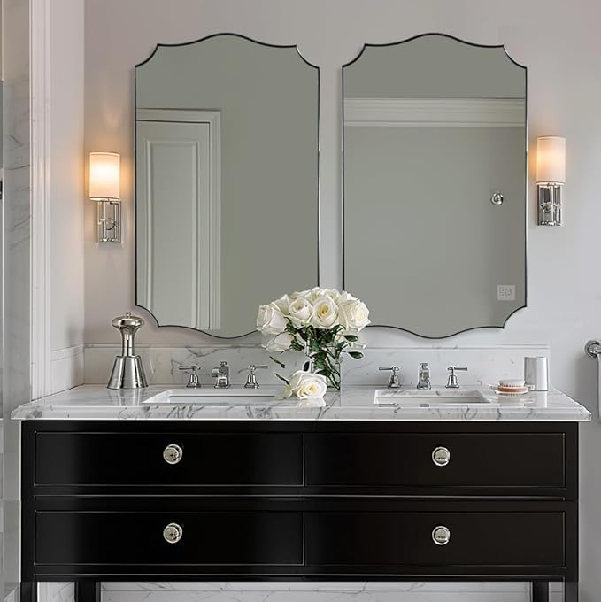 ANDY STAR 24x40 Inch Brushed Nickel Mirror, Unique Rectangle Bathroom Mirror, Large Decorative Mirror in Rust-Proof Stainless Steel 1" Frame, Modern Wavy Frame Design, Vertically/Horizontally