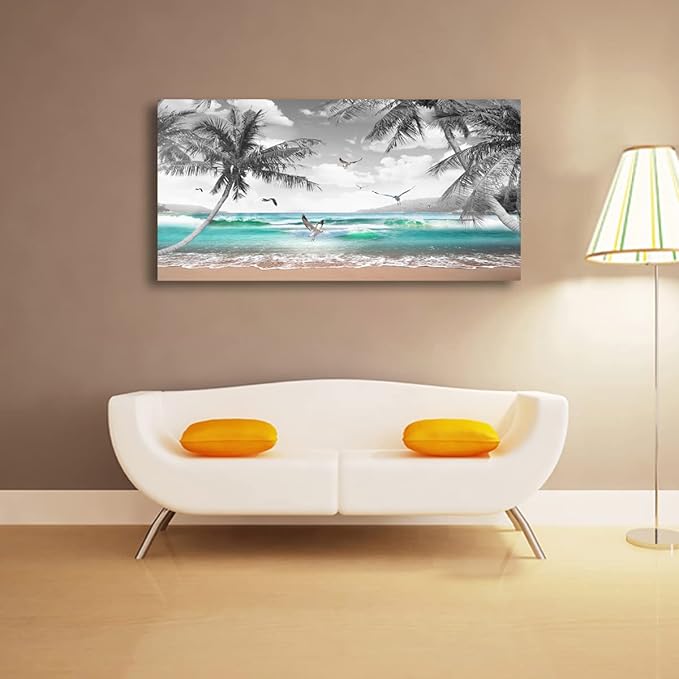 Beach Palm Pictures Canvas Wall Art For Living Room Bedroom Wall Decor,Sea Wave Wall Art Print Paitnings For Home Decor,Morden Artwork Coconut Tree Canvas Art Ready To Hang-20X40Inches
