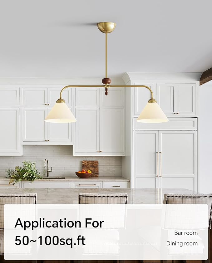 Linear Chandelier, Modern Chandelier for Dining Room Light Fixture, Dining Light Fixtures with Milk Glass Shade Pendant Lights Kitchen Island for Restaurant, Living Room (Gold + Wood, 2-Lights)