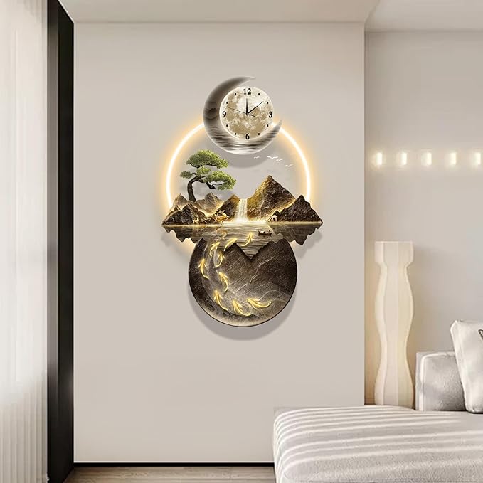 LED Light Art Wall Decor, 3D Art Wall Decor Clock, Decors Walls Sculptures with Lights, Modern Home Decors Landscape Walls Sculpture, Plug-in Power Supply, Gold E, 19x39IN