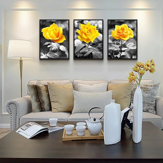 Black Framed Wall Art For Bedroom Living Room Wall Decor For Kitchen Office Decor Black And White Artwork Pictures Yellow Rose Flowers Wall Painting Modern Room Home Decor 3 Piece Framed Art Prints