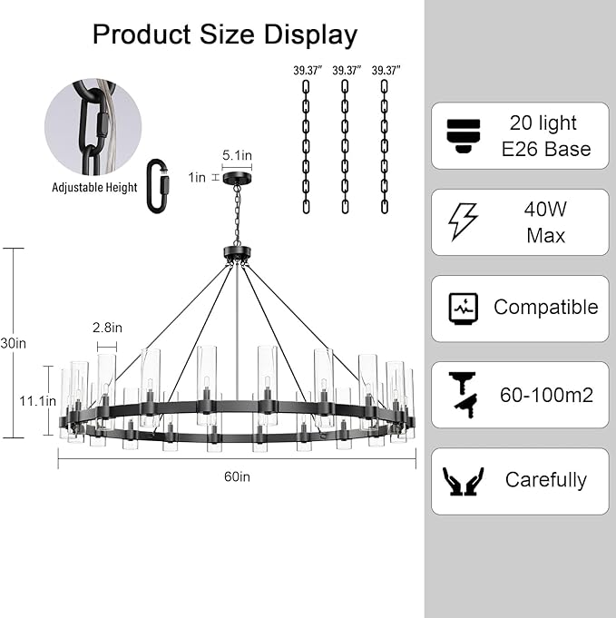 60 Inch Black Round Chandelier, Wagon Wheel Chandelier with Glass Shade, 20-Lights Large Modern Farmhouse High Ceilings Pendant Lighting Fixture for Dining Room, Living Room, Kitchen, Foyer