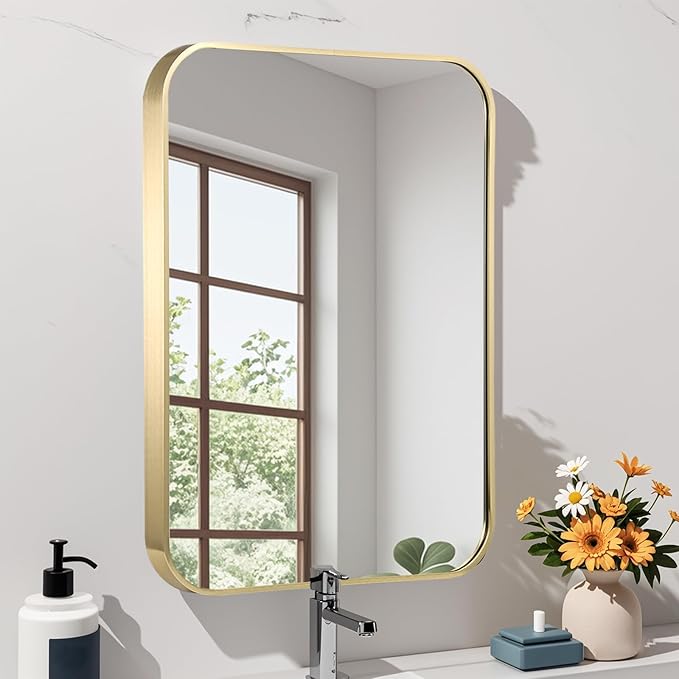22x30 Inch Gold Bathroom Mirror, Brushed Gold Metal Framed Rectangular Mirror with Rounded Corner, Bathroom Vanity Mirror for Bedroom or Living Room, Horizontal/Vertical