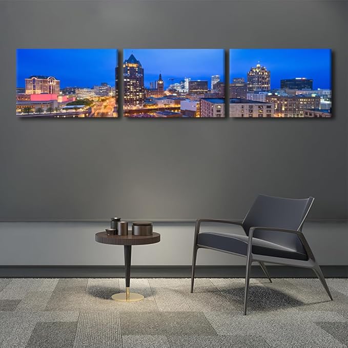 Native American Decor Skyline of Downtown Milwaukee Wall Art Cityscape Pictures Wisconsin, USA Panoramic Paintings Canvas City Skyline at Dusk Artwork Home Decor Framed Ready to Hang 16x72 Inch