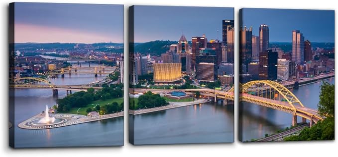 Pacimo Canvas Wall Decor for Living Room Bedroom Office Pittsburgh Cityscape Wall Art for Decorations Mount Washington Canvas Wall Prints City Skyline Picture for Home Decor Framed - 12"x16"x3 Panels