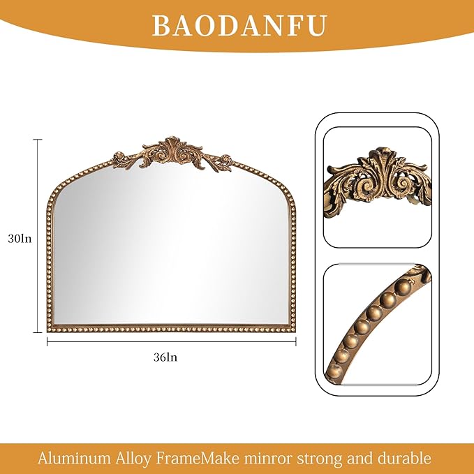 Baroque Arch Mirror for Living Room Wall, 36" X 30" Antique Gold Traditional Cathedral Ornate Beaded Arched Frame Decorative Vanity Mirrors for Mantel Fireplace, Bathroom, Bedroom Decor